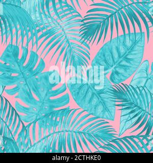 Watercolor abstract summer seamless pattern with teal turquoise tropical plants on light pink background. Watercolour hand drawn exotic leaves. Print Stock Photo