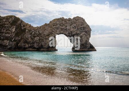 View of teh iconic picturesque Durdle Door rock formation on the Jurassic Coast World Heritage site in Dorset, south-west England Stock Photo