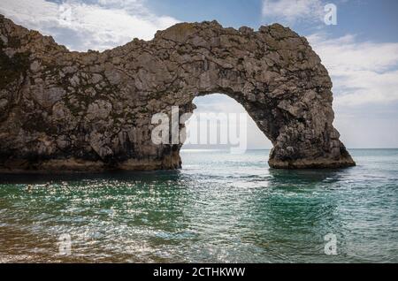 View of teh iconic picturesque Durdle Door rock formation on the Jurassic Coast World Heritage site in Dorset, south-west England