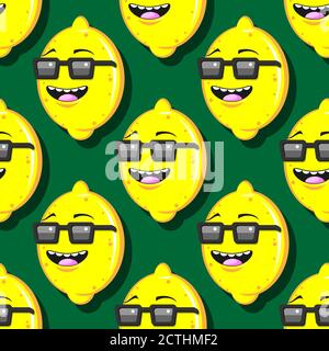 seamless lemon cartoon pattern with glasses on a green background. Vector image Stock Vector