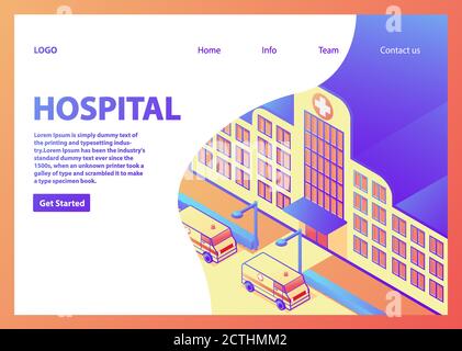 Isometric hospital building.City ambulance medical care.Landing page template. Stock Vector