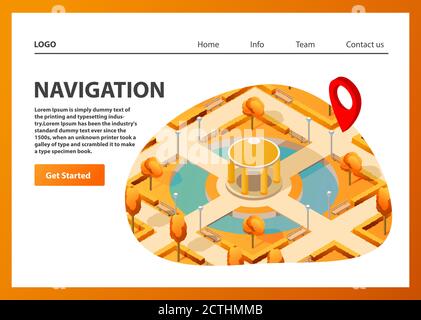 Isometric map mobile GPS navigation. Public autumn park navigator pin red color. Stock Vector