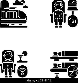Luxury train service black glyph icons set on white space Stock Vector