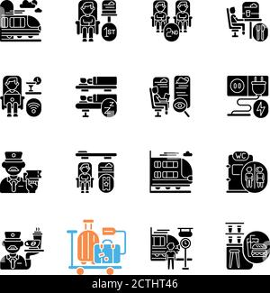 Train services black glyph icons set on white space Stock Vector