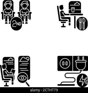 Economy class train services black glyph icons set on white space Stock Vector