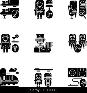 Railroad travel black glyph icons set on white space Stock Vector