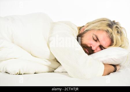 Having nap. Sweet dreams. Hipster with beard fall asleep. Good night. Mental health. Practice relaxing bedtime ritual. Man with sleepy face lay on pillow. Fast asleep concept. Man with beard relaxing. Stock Photo