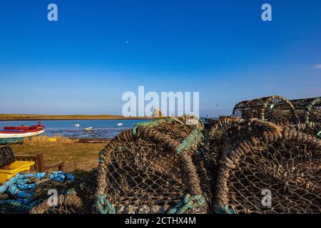 Shellfish creels on the Holy Island of Lindisfarne, Northumbria, England Stock Photo