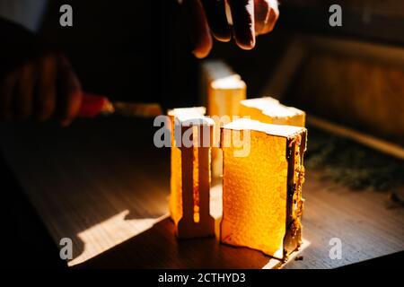 Close-up of hands of unrecognizable cutting honeycomb using knife while standing in dark bee house. Stock Photo