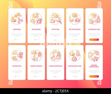 Pet services onboarding mobile app page screen with concepts set Stock Vector