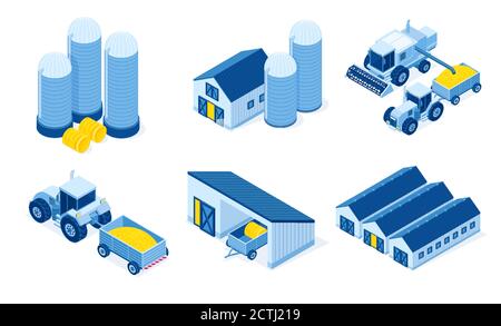 Isometric storehouse, granary and tractor machinery. Warehouse buildings for grain and hay harvest storage, industrial hangars and agricultural vehicles for farming works, 3d vector illustration set Stock Vector