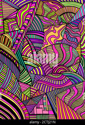 Bright abstract geometric shapes from triangles, ellipses with many patterns, doodle psychedelic art colorful background. Vector intricate hand drawn Stock Vector