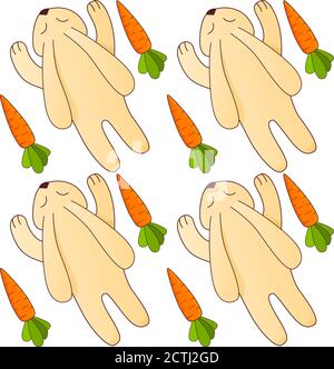 Seamless pattern with carrots and rabbits. An ornament for the press on fabric and packing paper. Stock Vector