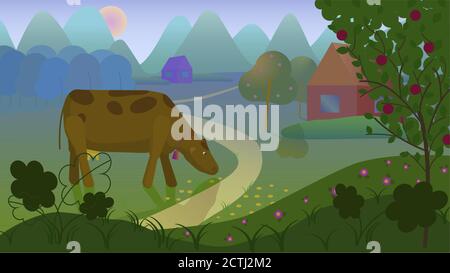 Summer rural landscape and three cows. There is flat style. Stock Vector