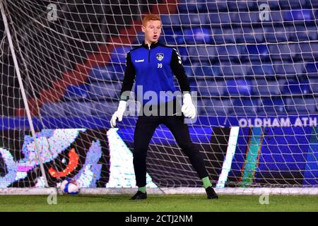 Oldham, UK. 22nd Sep, 2020. OLDHAM, ENGLAND. SEPT 22ND 2020 Oldham's Mackenzie Chapman before the EFL Trophy match between Oldham Athletic and Wolverhampton Wanderers at Boundary Park, Oldham on Tuesday 22nd September 2020. (Credit: Eddie Garvey | MI News) Credit: MI News & Sport /Alamy Live News Stock Photo