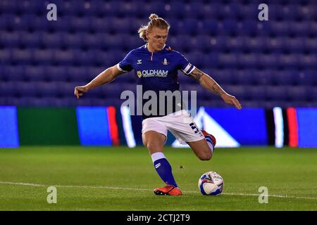 Oldham, UK. 22nd Sep, 2020. OLDHAM, ENGLAND. SEPT 22ND 2020 Oldham's Carl Piergianni during the EFL Trophy match between Oldham Athletic and Wolverhampton Wanderers at Boundary Park, Oldham on Tuesday 22nd September 2020. (Credit: Eddie Garvey | MI News) Credit: MI News & Sport /Alamy Live News Stock Photo