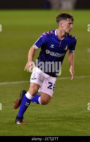 Oldham, UK. 22nd Sep, 2020. OLDHAM, ENGLAND. SEPT 22ND 2020 Oldham's Ben Hough during the EFL Trophy match between Oldham Athletic and Wolverhampton Wanderers at Boundary Park, Oldham on Tuesday 22nd September 2020. (Credit: Eddie Garvey | MI News) Credit: MI News & Sport /Alamy Live News Stock Photo