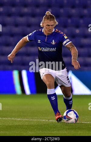 Oldham, UK. 22nd Sep, 2020. OLDHAM, ENGLAND. SEPT 22ND 2020 Oldham's Carl Piergianni during the EFL Trophy match between Oldham Athletic and Wolverhampton Wanderers at Boundary Park, Oldham on Tuesday 22nd September 2020. (Credit: Eddie Garvey | MI News) Credit: MI News & Sport /Alamy Live News Stock Photo