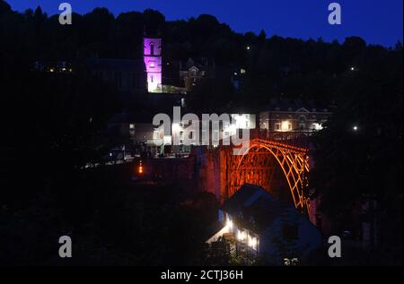 The Ironbridge in Shropshire illuminated 2020 Stock Photo
