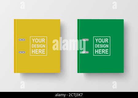 Vector 3d Closed Realistic Yellow and Green Blank Office Binder with Metal Rings for A4 Paper Sheet Closeup Isolated on White Background. Design Stock Vector