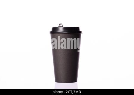 black take away disposable paper coffee cup with plastic lid isolated on white Stock Photo
