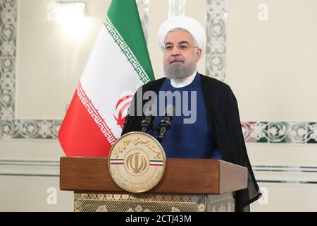 Tehran, Iran. 23rd Sep, 2020. A handout photo made available by the presidential office shows, Iranian president Hassan Rouhani during a pre-recorded video address to the 75th session of the United Nations General Assembly in Tehran, Iran, 22 September 2020. Media reported that Rouhani said in his speech that the US can impose neither negotiations or war. Credit: Iranian Presidency/ZUMA Wire/Alamy Live News Stock Photo