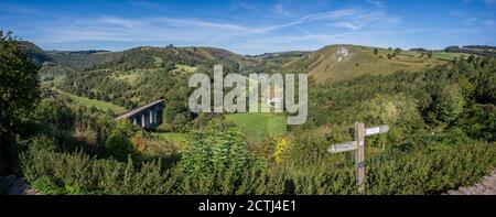 Panoramic view of Monsal Dale and the Headstone Viaduct from Monsal Head in Derbyshire, UK on 14 September 2020 Stock Photo