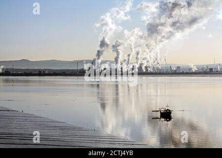 The view of Grangemouth from Kincardine's iconic bridge in calm anticyclonic weather. Stock Photo