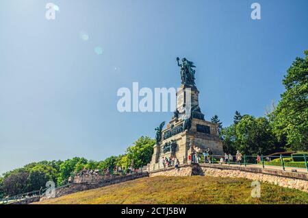 Rudesheim am Rhein, Germany, August 24, 2019: Niederwalddenkmal Germania monument on Niederwald broad hill on right bank of Rhine river valley Rhine Gorge, commemorate the Unification of Germany Stock Photo