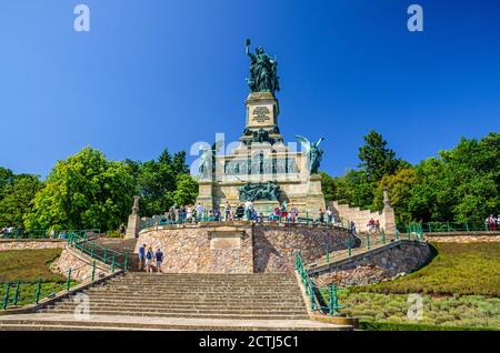 Rudesheim am Rhein, Germany, August 24, 2019: Niederwalddenkmal Germania monument on Niederwald broad hill on right bank of Rhine river valley Rhine Gorge, commemorate the Unification of Germany Stock Photo