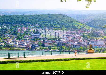 Rochusberg mountain hill and Bingen am Rhein town, aerial view from platform in forest on Niederwald broad hill on right bank of Rhine river, Rhineland-Palatinate and Hesse states, Germany Stock Photo