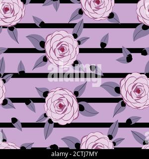 Camelia Roses with black stripes floral seamless pattern Stock Vector