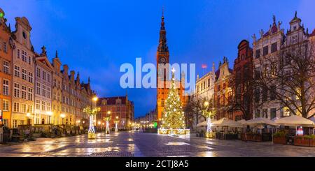 Panorama of Christmas tree and illumination on Long Market Street and Town Hall at night in Old Town of Gdansk, Poland Stock Photo