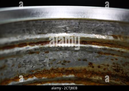 Makro closeup inside metal food can with rusty corroded surface Stock Photo