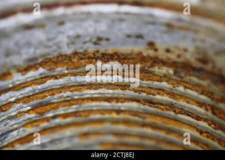 Makro closeup inside metal food can with rusty corroded surface Stock Photo