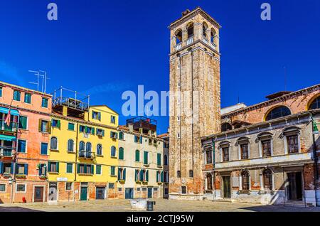 Chiesa San Silvestro catholic church building with bell tower campanile on Campo San Silvestro square in Venice historical city centre, blue sky background summer day, Veneto Region, Northern Italy Stock Photo
