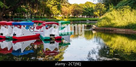 Fun boats in the moat of the Eternal Golden Castle in An Ping, Tainan, Taiwan