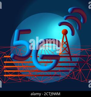 5G high speed network wireless internet icon. Mobile communication technology. Glowing 5G sign with tower, signal and polygonal mesh. Fast wifi Stock Vector