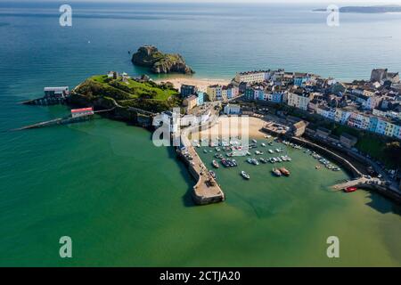 Aerial drone view of the idyllic Welsh seaside town of Tenby in Pembrokeshire Stock Photo