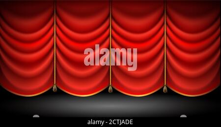 Closed red curtains with with gold ropes and tassels, stand up, opera or theater show background. vector Stock Vector