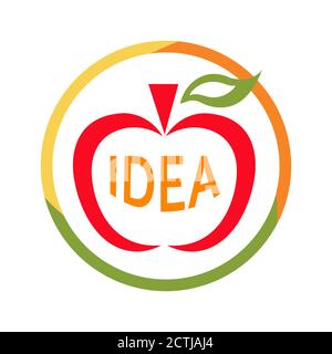Apple idea flat vector sign. Abstract colorful fruit symbol with word idea. Creativity in business, brainstorm, thinking, new knowledge and learning Stock Vector