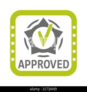 Approved flat sign. Approval stamp. Check mark label as documentation symbol yes. Success consumer control, quality, сonfirmation, acceptance. Vector Stock Vector
