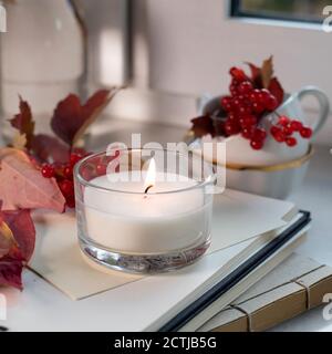 An iron cup of coffee with a spoon on the windowsill among a vase with branches and viburnum berries, a sweater, an open book and a candle. Photo for Stock Photo