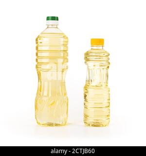 Two bottles of sunflower oil isolated on white background. Yellow sunflower or vegetable oil in a liter and half liter transparent plastic bottles. Fu Stock Photo