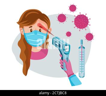 Contactless infrared laser thermometer flat vector. Medic measure body temperature on forehead with pyrometer. Medical control, detection fever. Stock Vector