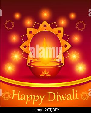 Happy diwali holiday. Indian traditional festival of lights. Realistic diya oil lamp with fire candle, gold randoli lotus. Shiny vector greeting card Stock Vector