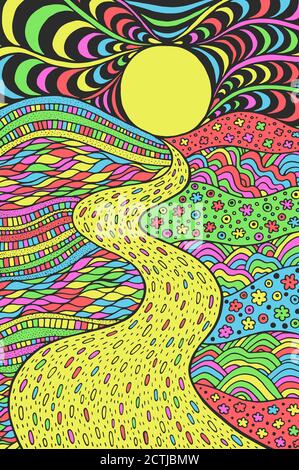 Psychedelic landscape. Colorful trippy artwork with line art. Pathway in meadows and waves. Seaside illustration. Doodle drawing. Vector artwork Stock Vector