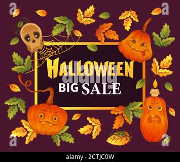 Halloween big sale. Special promotional offer. Hand drawn funny pumpkins, skull, autumn leaves with lettering. Discounts for autumn holiday shopping. Stock Vector