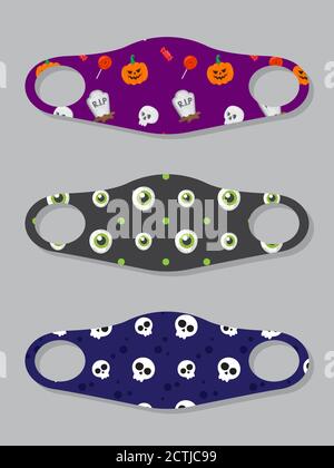 Set of designs face masks with halloween seamless pattern with candy, skull, pumpkin and creepy eyes Stock Vector