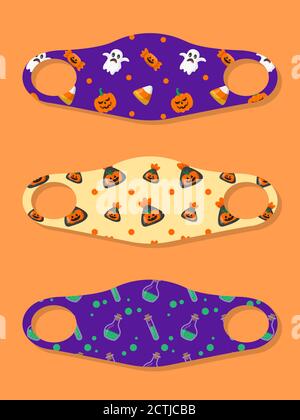 Set of designs face masks with halloween seamless pattern with candy, ghost and pumpkin Stock Vector
